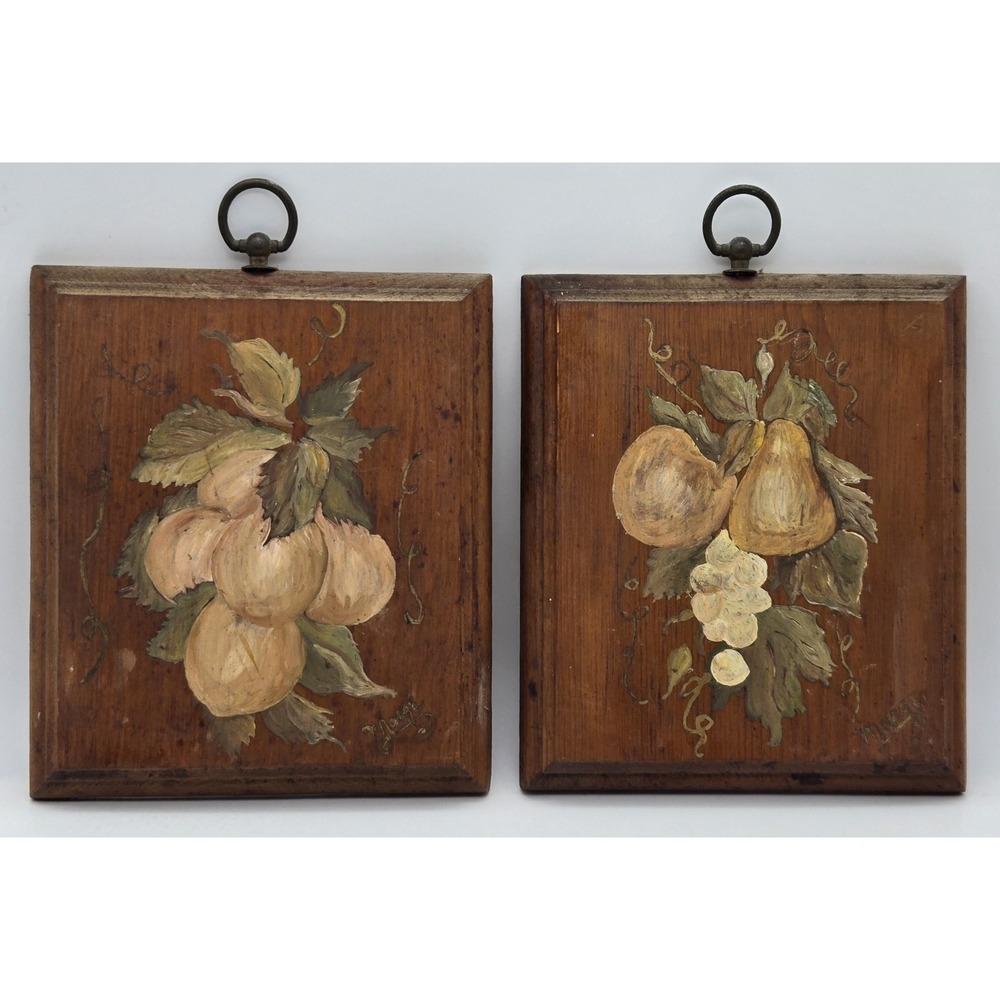 Vintage Hand Painted Fruit‎ Wood Wall Plaques Rustic Farmhouse Kitchen Decor Set